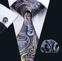 Pink Gray Paisely Mens Ties Hanky Cufflinks Set Jacquard Woven Neck Tie Set Silk Mens Set Business Work Formal N04544277577