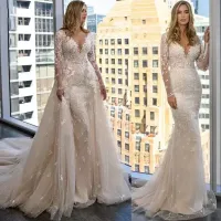 Mhamad Shampagne Mermaid Wedding Dresses Bride Gown Deeeep v Neck Leng Sleeves Race Appliques Bridal Gowns Plus Size Overskirts Detachable Train 2023