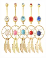 Gold Dream Catcher Feather Blue Stone Navel Piercing Jeia Bungy Rings Rings Nickel 316L A￧o cir￺rgico6498754