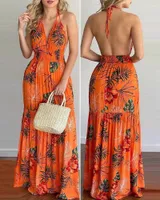 Casual jurken 2022 Dames Mouwloze halter Backless Maxi Dress Floral Tropical Print Vacation Sexy Boho Beach