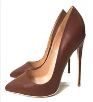 Fashion women brown real leather point toe wedding shoes high heels thin heeled shoes pumps genuine leather 100mm 80m1570726