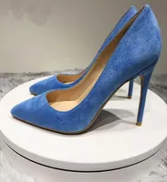 Dark Blue Thin Heel Shoes Women Flock Pointed Toe Stiletto High Heels Sythenic Suede Slip On Pumps Lady Formal Dress Shoes Plus Si6119725
