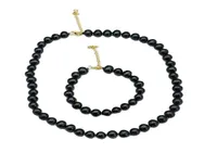 Real Natural Peacock blue Black Round Pearl Necklace Bracelet Sets Simple Gift For Lady Girls3684149