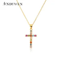 Pendant Necklaces ANDYWEN 925 Sterling Silver Gold Clear Zircon Cross Necklace Long Chain Luxury Clip Wedding Rock Punk Sunmmer Choker 221205