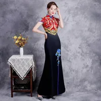 Ethnic Clothing Long Chinese Cheongsam Contrast Slim Fit Fishtail Gown Embroidery Flower Qipao Women Short Sleeve Vintage Button Vestidos