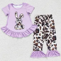New Fashion Toddler Baby Girl Clothes Set Short Sleeve Long Pants Kids Outfits Bunny Print Easter Day Girls Boutique Clothing Set Wholesale Children Outfit