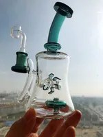 7inchs Dark Green Glass Bong Hookahs Recycler Dab Rigs Smoking Glass Water Pipes With 14mm Banger