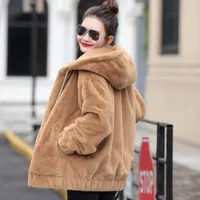 Women's Trench Coats Plush Thickening Faux Fur Hooded Jacket Women 2022 Winter Jackets Loose Long Sleeves Outerwear Fashion Female
