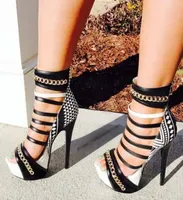 Summer Brand Woman White Black Red Geometric Chains Open Toe Zip Back High Quality Platform Heel Sandals Shoes1219805