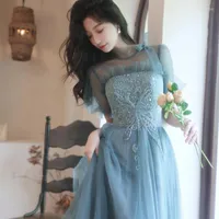 Ethnic Clothing Blue French Temperament Bridesmaid Dress Women Chinese Formal Party Gown Qipao Rhinestone Bling Mesh Cheongsam Fairy