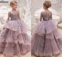 Light Purple Tulle Tiered Ruffle Flower Girl Dresses 3D Flowers Lace Beaded Little Girl's Pageant Formal Gowns Toddler Children First Commnion Birthday Dress CL1560
