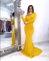 Yellow Jersey Mermaid Evening Occasion Dresses Long 2023 High Neck Backless Long Sleeves Formal prom Gowns Robe De Soiree