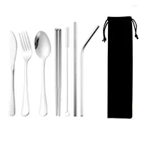 Flatware Sets Stainless Steel Set Portable Reusable Cutlery Travel Utensils Including Chopsticks Knife Fork Spoon Straw Brush