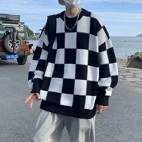Men's Sweaters Vintage Harajuku Oversized Pull Homme Knitted Black White Chessboard Sweater Men Sueteres Para Hombre Clothing 221206
