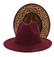 Burgundy with Leopard Patchwork Wool Felt Jazz Fedora Hats for Women Men Whole Wine Red Two Tone Panama Party Wedding Hat4310213