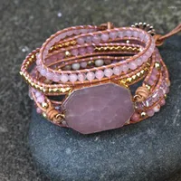 Strand Natural Stone Bracelet Pink Quartz Leather Wrap Bracelets For Women Rose Gems Crystal Beads Bohemia Jewelry 5