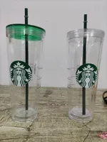 2022 Mermaid Starbucks Tumblers Double layer transparent cup Straw Cup tiktok reusable Drinking Flat Bottom Plastic Cold Water Cups Gift Mug