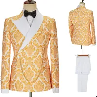Gold Pattern Men Tuxedos 2 Pieces Plus Size Custom Made Handsome Wedding Suits For Business Formal Wear