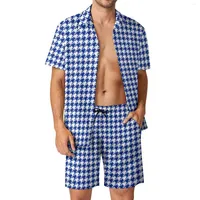 Men's Tracksuits Blue Houndstooth Men Sets Classic Retro Print Casual Shirt Set Beach Shorts Summer Suit Two-piece Plus Size 2XL 3XL