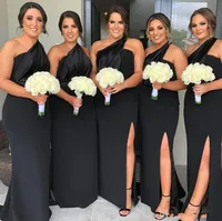 New Black One Shoulder Bridesmaid Dresses Side Split Spring Summer Countryside Garden Formal Wedding Party Guest Gowns Plus Size Custom Made BC11108