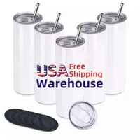 US Warehouse Sublimation Blanks Water Bottles Mugs 20oz Stainless Steel Straight Tumblers Blank white with Lids and Straw Heat Transfer Cups 50 25 pcs/carton f1206