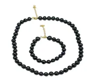 Real Natural Peacock blue Black Round Pearl Necklace Bracelet Sets Simple Gift For Lady Girls4795067