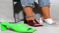 Casual Women Slides Female Muller Summer Square Toe Slip On Sandals Lady Green 9cm High Heels Slippers Prom Sandles Shoes7194718