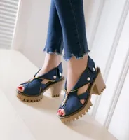 Sandals Womens Denim Jeans Vcollar Zipper Block Heel Cut Out Peep Toe Summer Slingback Shoes Cowboy Plus Size 20218882558