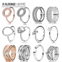 FAHMI 100%925 Sterling Silver Jewelry Zircon Charm Heart-Shaped Water Drops Stars Ring Bow Round Hollow Rose Gold Ring264R