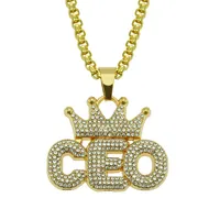 Hip Hop Rhinestones Paded Bling Iced Out Crown Ceo Pendants Necklace for Men Rapper Jewelry Drop 268n