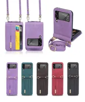 F￶r Z Flip 4 3 mobiltelefonfodral Samsung Galaxy Cover Card Holder Strap Chain Wallet Pu Leather Handbag Case Neck Lanyard Bag med 3476106