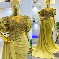 Arabic Aso Ebi Mermaid Gold Prom Dresses 2023 Real Image Beaded Lace Evening Formal Party Second Reception Birthday Gowns