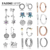 FAHMI 100% 925 Sterling Silver 11 Fashion Daisy Rose Stud Earrings Water Drops Love Star Ice Crystal Paw Inlay Earring2698