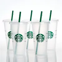 DHL Mermaid Tanrıça Starbucks 24oz/710ml Plastik Kupalar Tumbler Yeniden Kullanılabilir Açık İçme Düz Alt Sütun Şekli Kapak Kupaları Kupa C1208