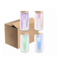 16oz Iridescent Glass Tumblers with Bamboo Lid Short Sublimation Laser Colors Frosted Glasses Cola Beer Can Beverage Drinking Bottles DIY Heat Transfer Cups ss1207