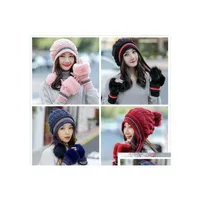Beanie Skull Caps 1 Setis2Pcs Winter Knit Hat Set Skl Caps Gloves 2Piece Suit Thick Wool Women Beanie Sets Solid Slouchy Warm Outdoo Dhgf2
