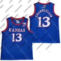 バスケットボールジャージ2020ニューカンザスジェイホークスカレッジバスケットボールジャージーNCAA 13チェンバレンブルーオールステッチと刺繍の男性青少年サイズ