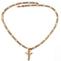 18K Solid Gold G F 4mm Italian Figaro Link łańcuch Naszyjnik 24 Women Męskie Jezus Crucifix Cross Pendant233h