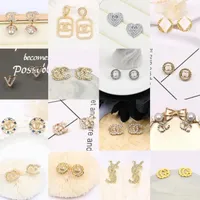 18k Gold Plated 925 Silver Simple Luxury Brand Designer Letters Stud Geometric Famous Women Crystal Rhinestone Pearl Earring Wedding Party Jewelry
