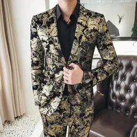 Men's Suits Plus Size Autumn Pleuche Jackets Spring Korean Men's Casual Flower Coat Set Chinese Style Tide Non-iron Slim Fit Small