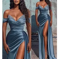 2023 Elegant Off The Shoulder Satin Mermaid Evening Dresses Beaded Ruched High Split Sweep Train Formal Party Arabic Prom Dresses