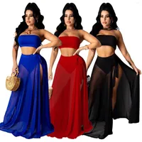 Work Dresses Zaggin 2022 Autumn Arrive Women Solid 3-Color 3-Piece Set Sexy Lady Strapless Sleeveless Top Shorts Mesh Long Skirt Swimsuit