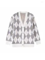 Women's Knits Fashion Women Argyle Knitted Cardigan With V-neck Long Sleeves Front Patch Pockets Faux Pearl Beads Single Breasted Sweaters