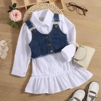 Girl'S Dresses Baby Girls Toddler Outfits Clothes Children Wear Spring Autumn Lapel Shirt Ruffle Denim Vest E18915