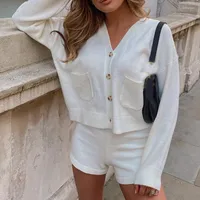 Women's Tracksuits Women's Knitted Cardigan Sweater Shorts Suit Long Sleeve Single Breasted Top Two Piece Set Female 2022 Summer Lady