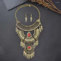 Necklace Earrings Set Alloy Leaves Tassels Women Sets Vintage Stone Gypsy Carved Party Bohemian Ethnic Pendant
