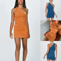 Casual Dresses Kf-Sexy One Shoulder Mini Dress Summer Short Party Women Sleeveless Ruched Bodycon