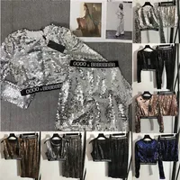Shiny Sequins T Shirts Tops Dress Suits For Women Designer Letter Webbing Tees Elastic Tights Nightclub Party Two Piece