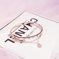 Whole- Rose Gold Stainless Steel Bracelets Bangles Female Heart Forever Love Brand Charm Bracelet for Women Famous Jewelry234Q