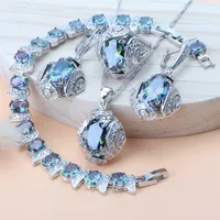 Pendant Necklaces Rainbow Natural Zircon Jewelry Sets 925 Sterling Silver Women Wedding Earrings Bracelets Rings Necklace Set 221207